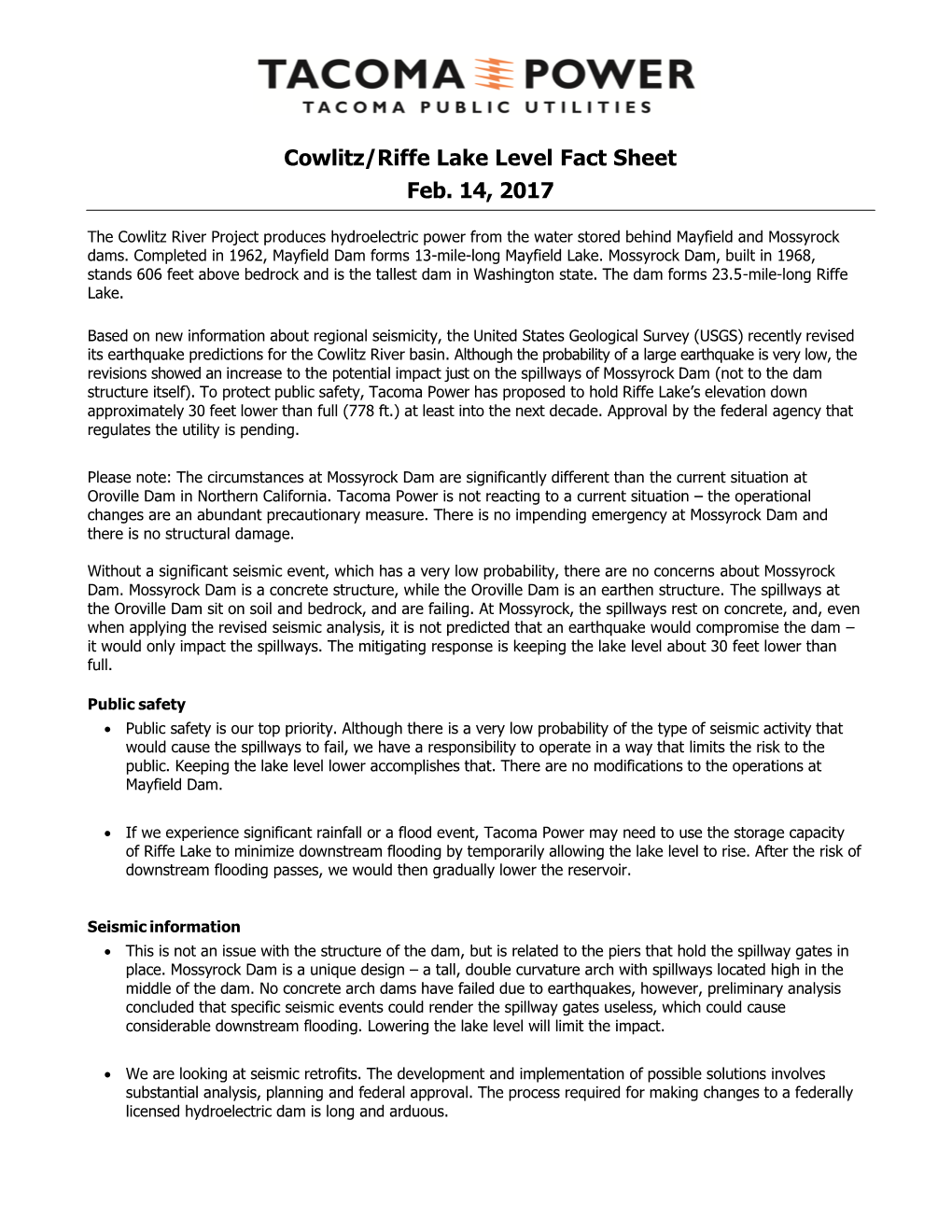 Cowlitz/Riffe Lake Level Fact Sheet Feb. 14, 2017