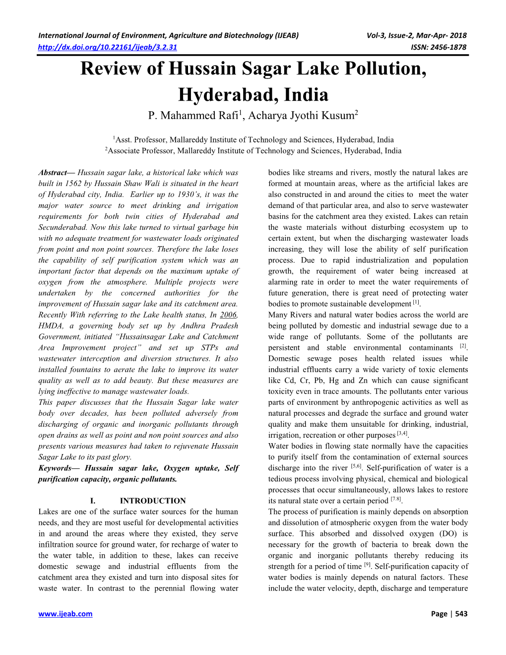 Review of Hussain Sagar Lake Pollution, Hyderabad, India P