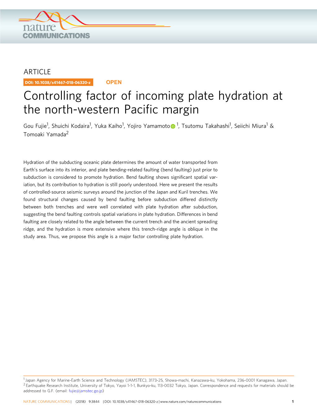 Controlling Factor of Incoming Plate Hydration at the North-Western Paciﬁc Margin