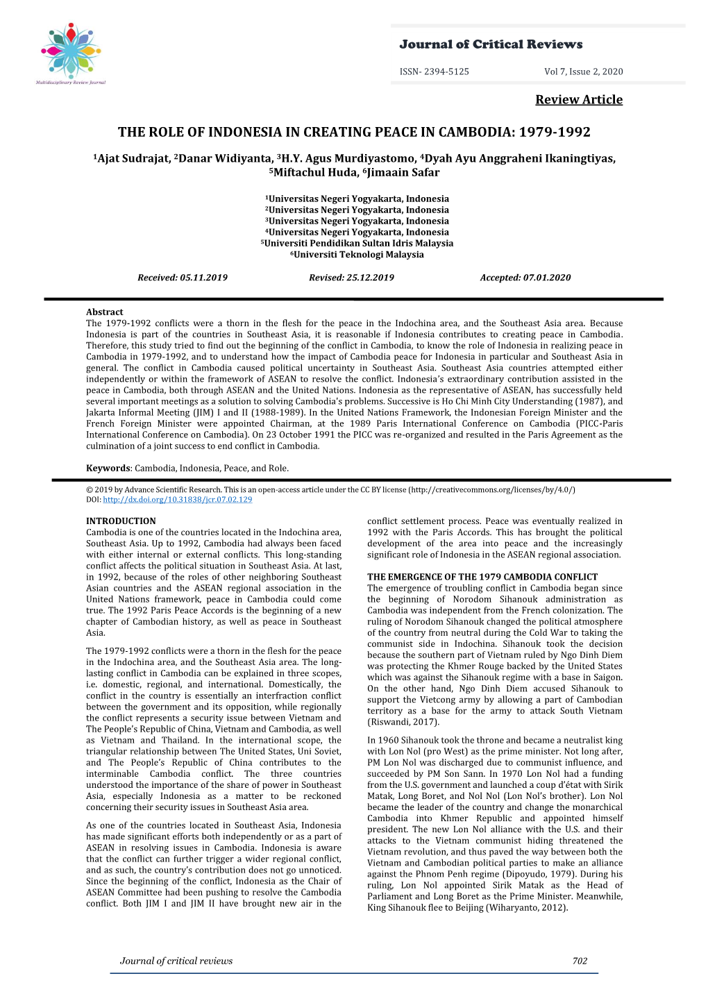 The Role of Indonesia in Creating Peace in Cambodia: 1979-1992