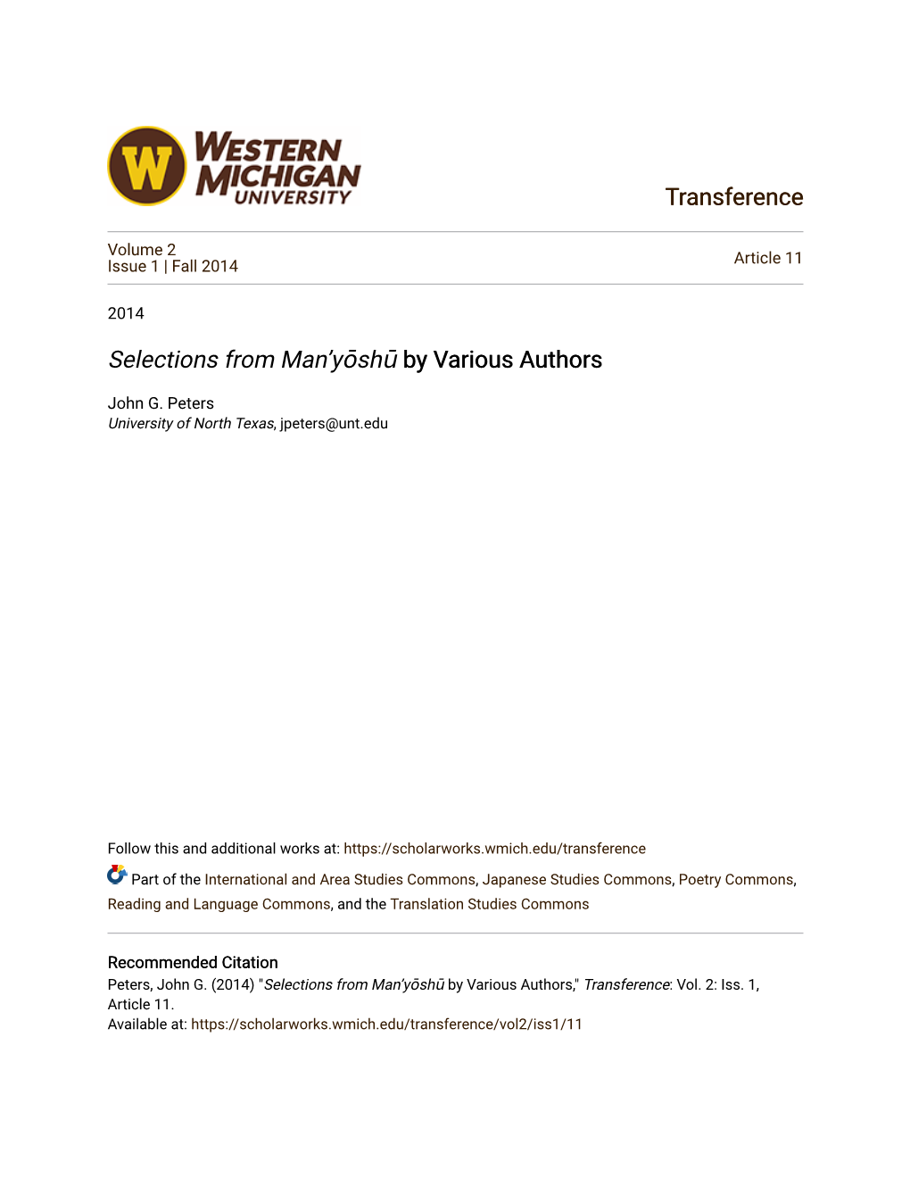 Transference Selections from Man'yōshū by Various Authors By