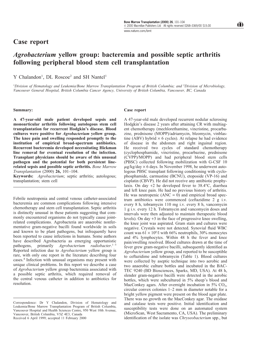 Bacteremia and Possible Septic Arthritis Following Peripheral Blood Stem Cell Transplantation