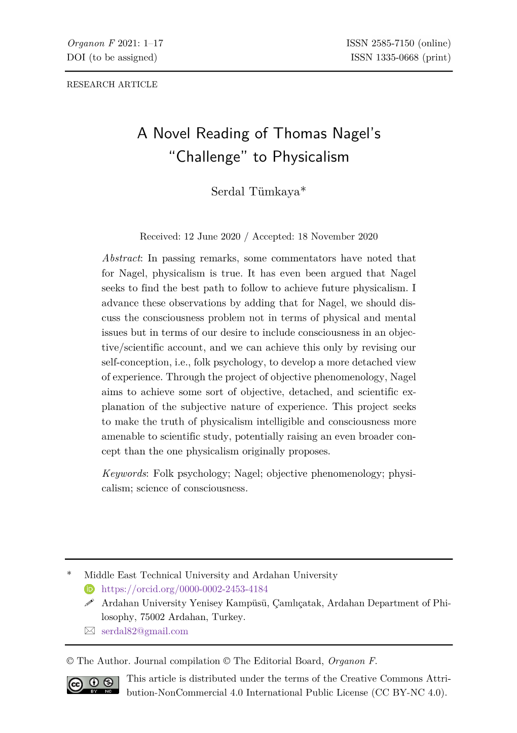 A Novel Reading of Thomas Nagel's