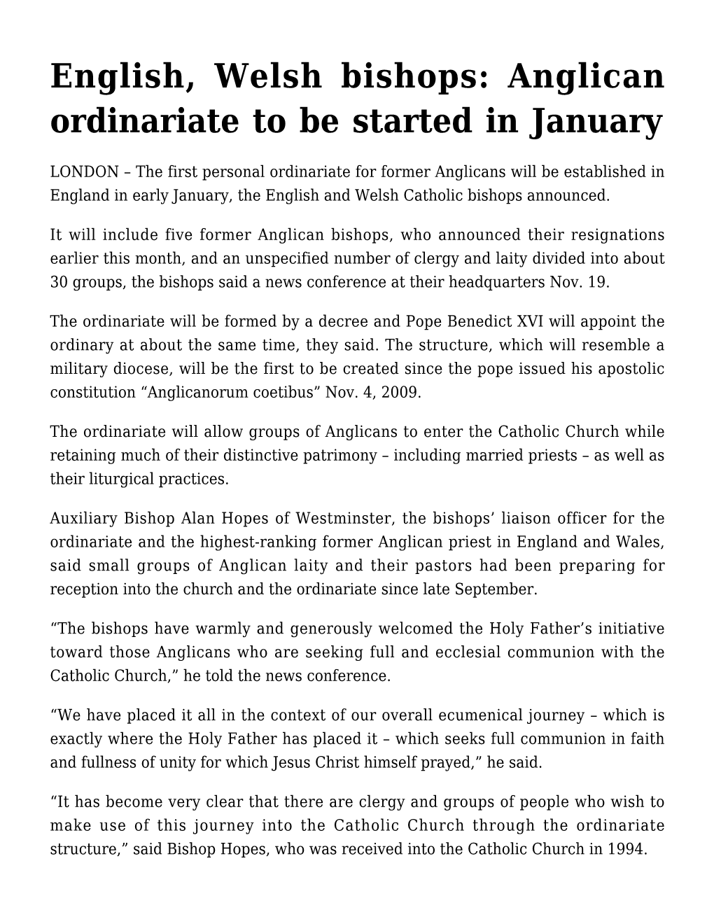 English, Welsh Bishops: Anglican Ordinariate to Be Started in January