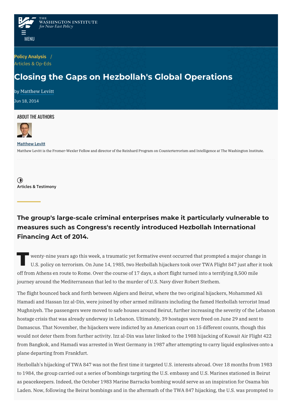 Closing the Gaps on Hezbollah's Global Operations by Matthew Levitt