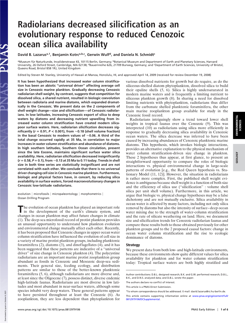 Radiolarians Decreased Silicification As an Evolutionary Response to Reduced Cenozoic Ocean Silica Availability