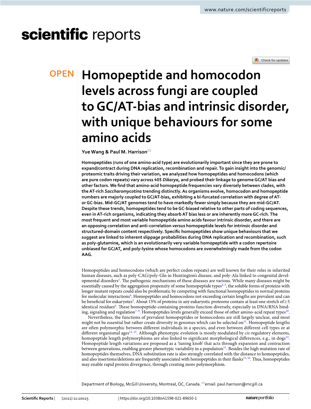 Homopeptide and Homocodon Levels Across Fungi Are Coupled to GC/AT‑Bias and Intrinsic Disorder, with Unique Behaviours for Some Amino Acids Yue Wang & Paul M