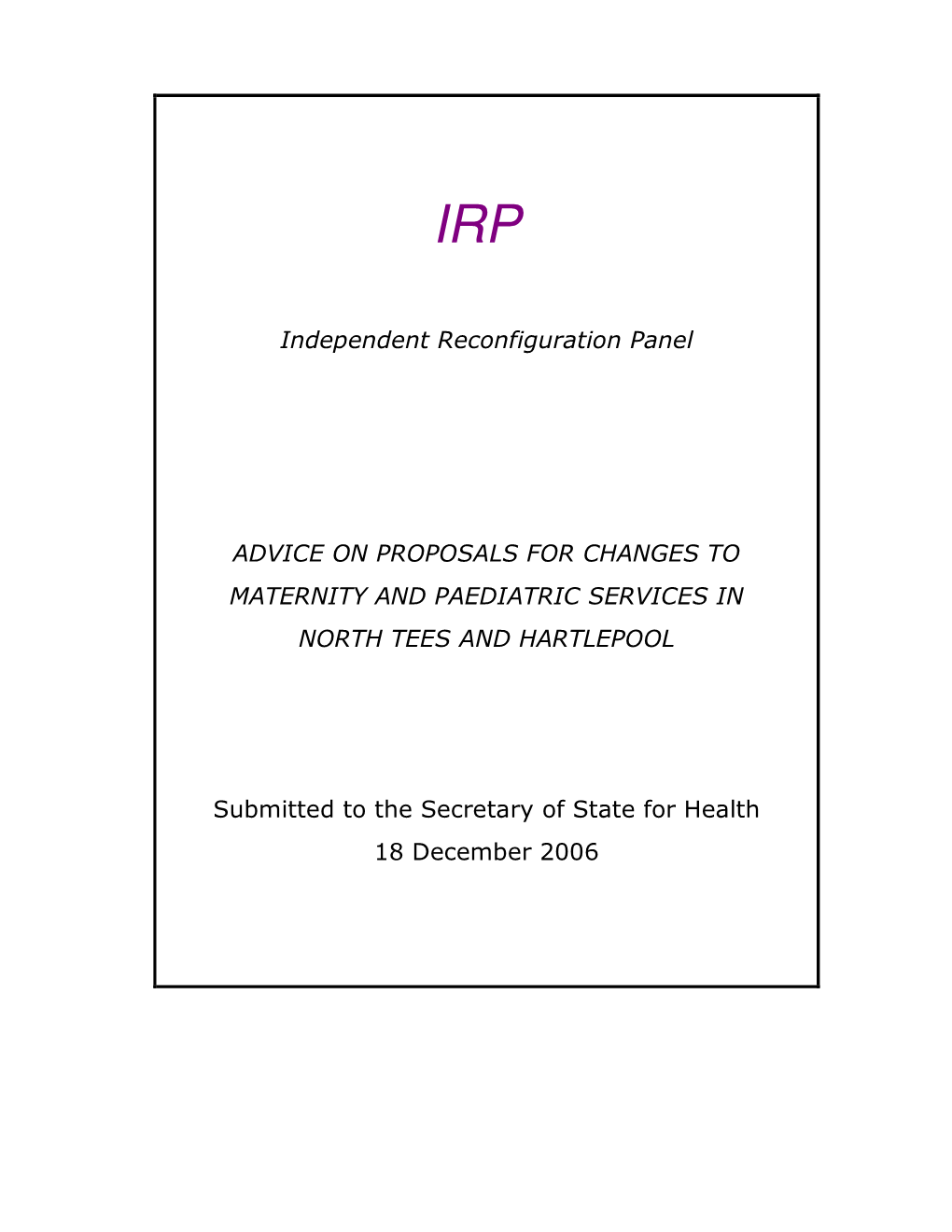 Advice on Proposals for Changes to Maternity and Paediatric Services in North Tees and Hartlepool