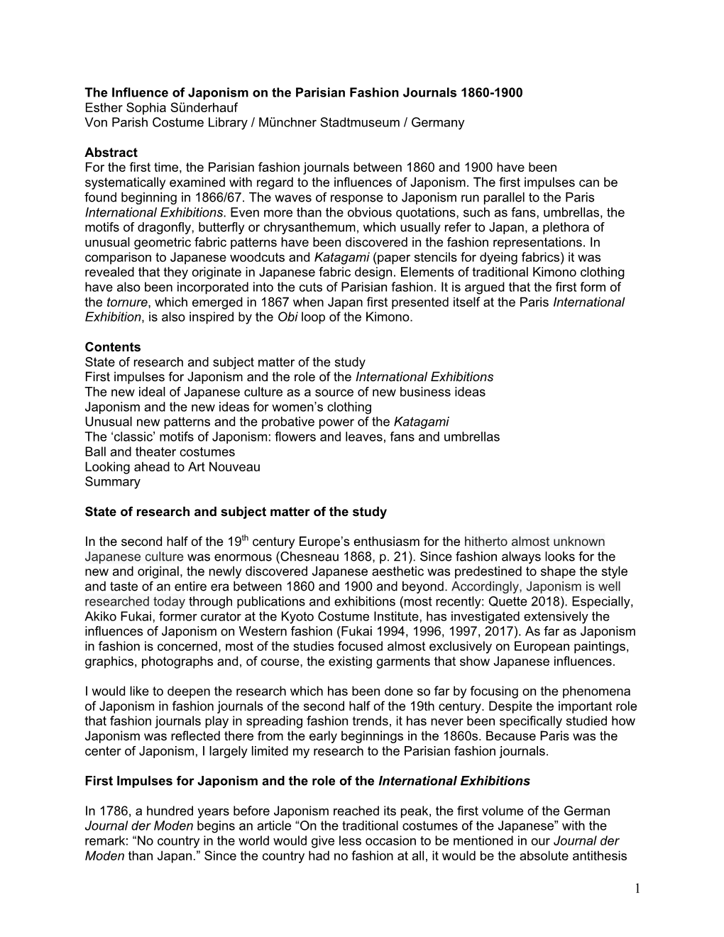 The Influence of Japonism on the Parisian Fashion Journals 1860-1900 Esther Sophia Sünderhauf Von Parish Costume Library / Münchner Stadtmuseum / Germany