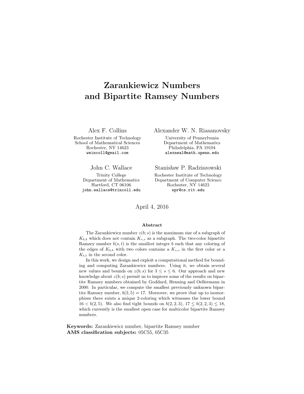 Zarankiewicz Numbers and Bipartite Ramsey Numbers