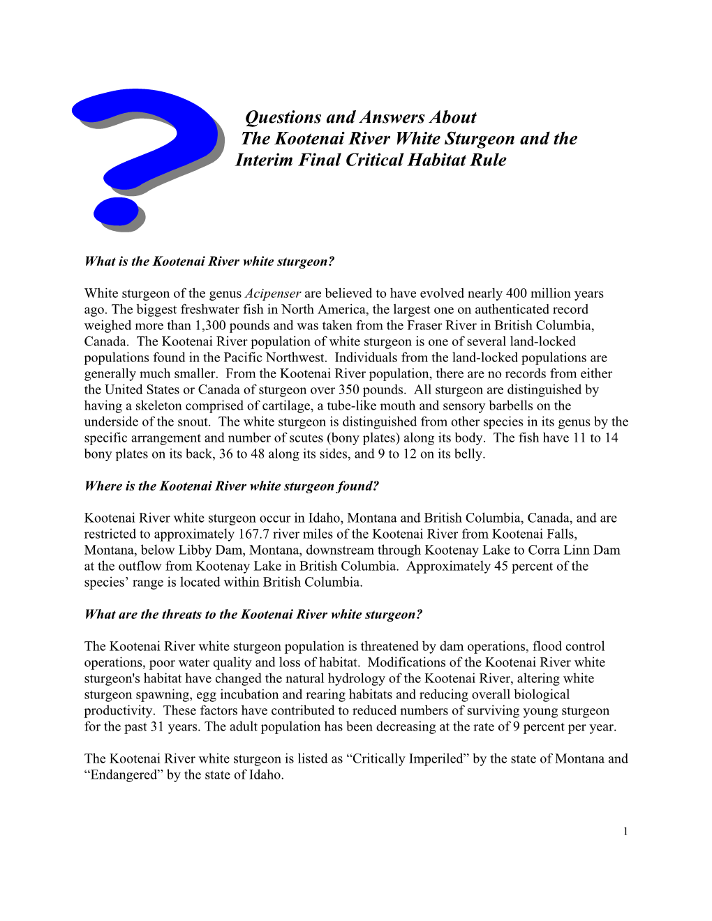 Questions and Answers About the Kootenai River White Sturgeon and the Interim Final Critical Habitat Rule