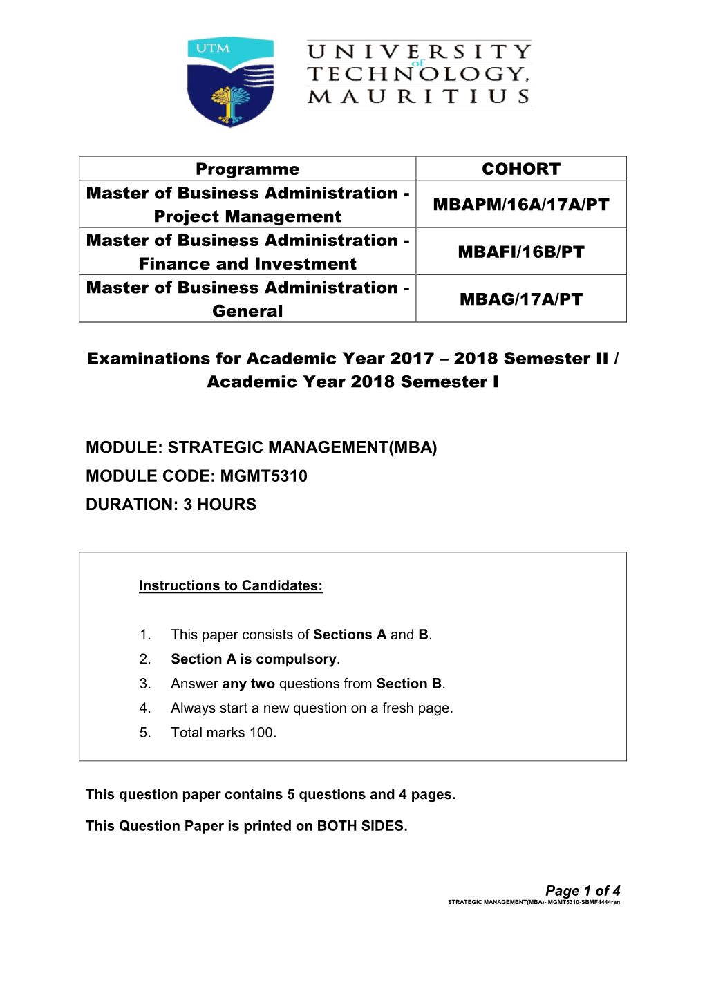 Project Management MBAPM/16A/17A/PT Master Of