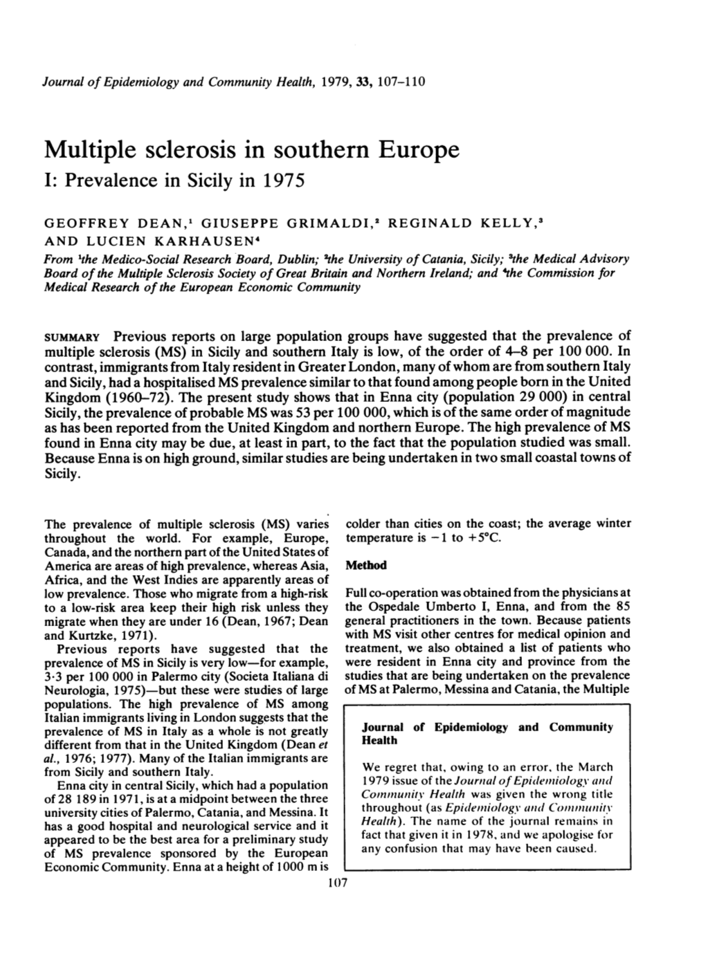 Multiple Sclerosis in Southern Europe I: Prevalence in Sicily in 1975