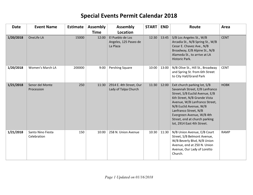 Special Events Permit Calendar 2018