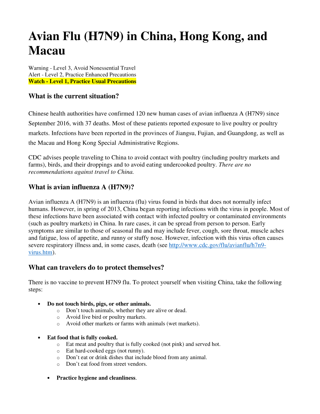 Avian Flu (H7N9) in China, Hong Kong, and Macau