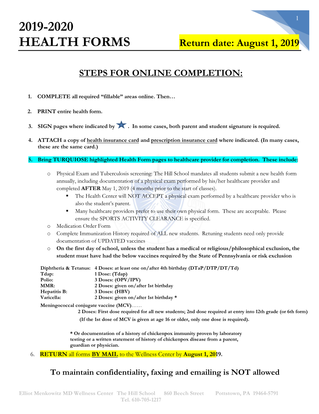 2019-2020 HEALTH FORMS Return Date: August 1, 2019