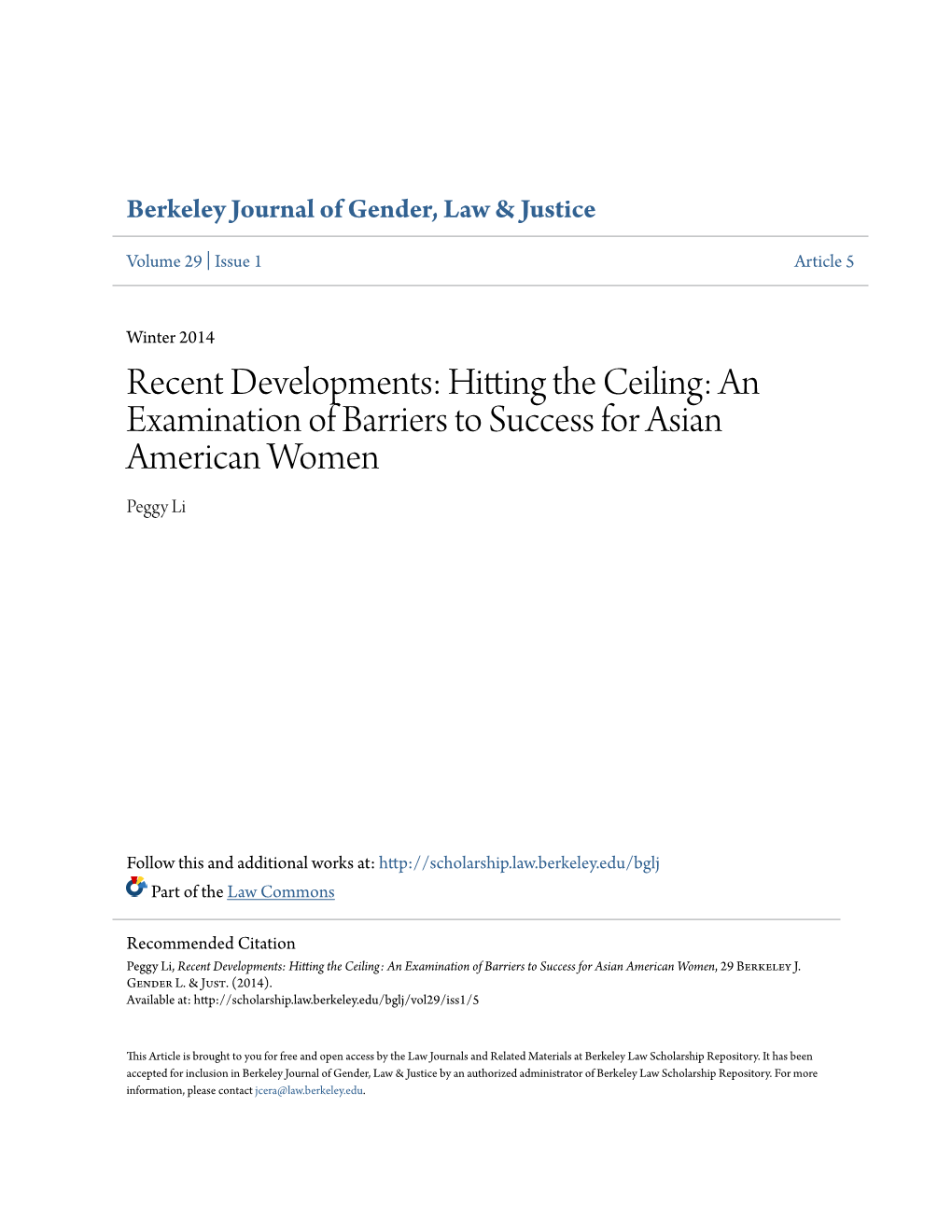 An Examination of Barriers to Success for Asian American Women Peggy Li