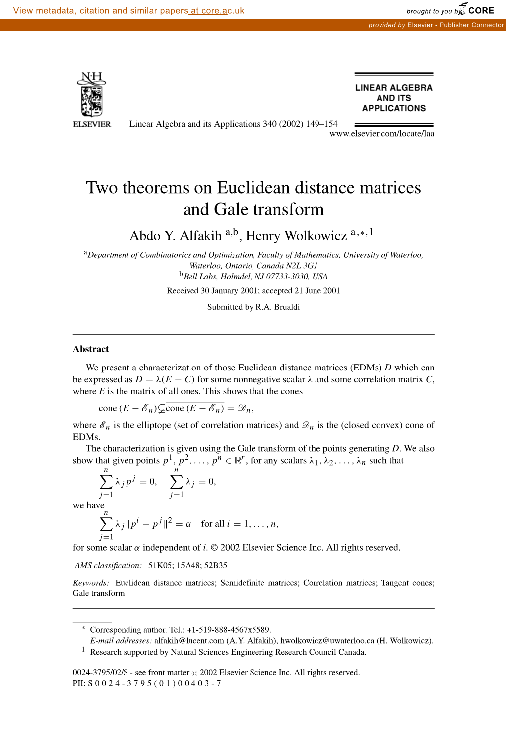 Two Theorems on Euclidean Distance Matrices and Gale Transform Abdo Y