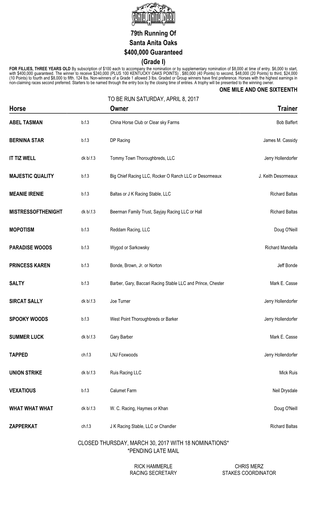 79Th Running of Santa Anita Oaks $400000