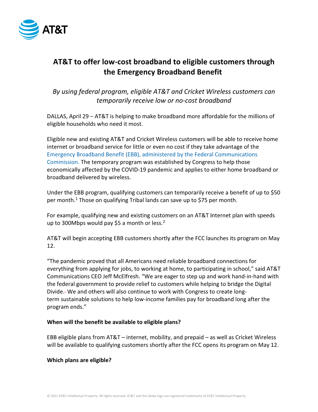 AT&T to Offer Low-Cost Broadband to Eligible Customers Through The