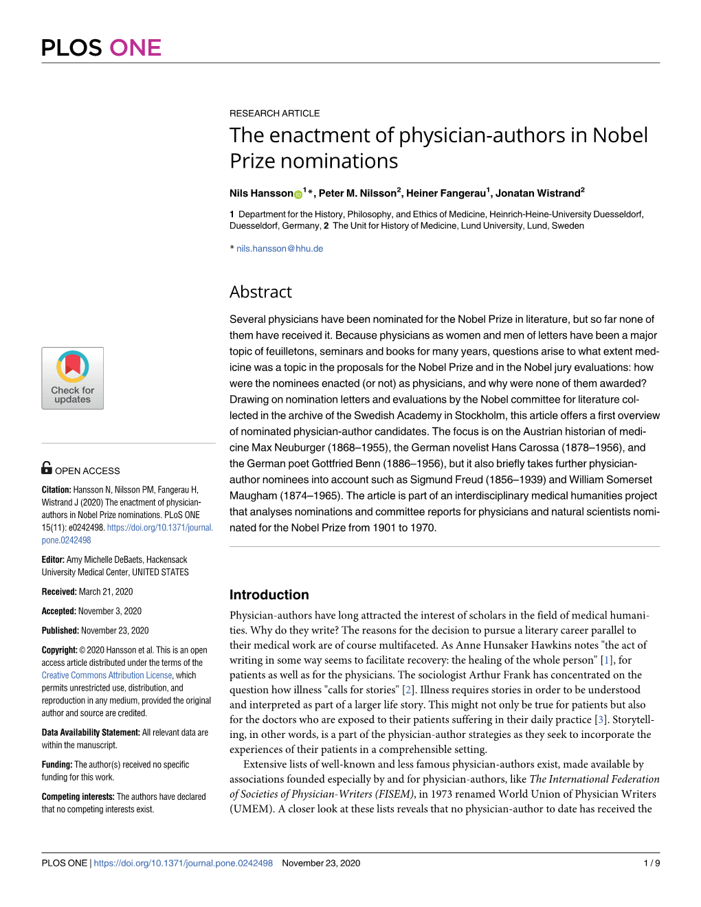 The Enactment of Physician-Authors in Nobel Prize Nominations