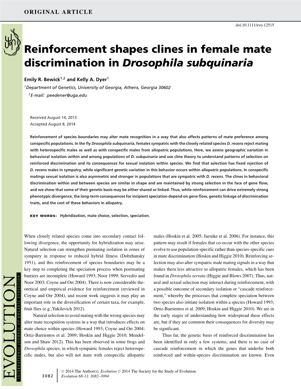 Reinforcement Shapes Clines in Female Mate Discrimination in Drosophila Subquinaria