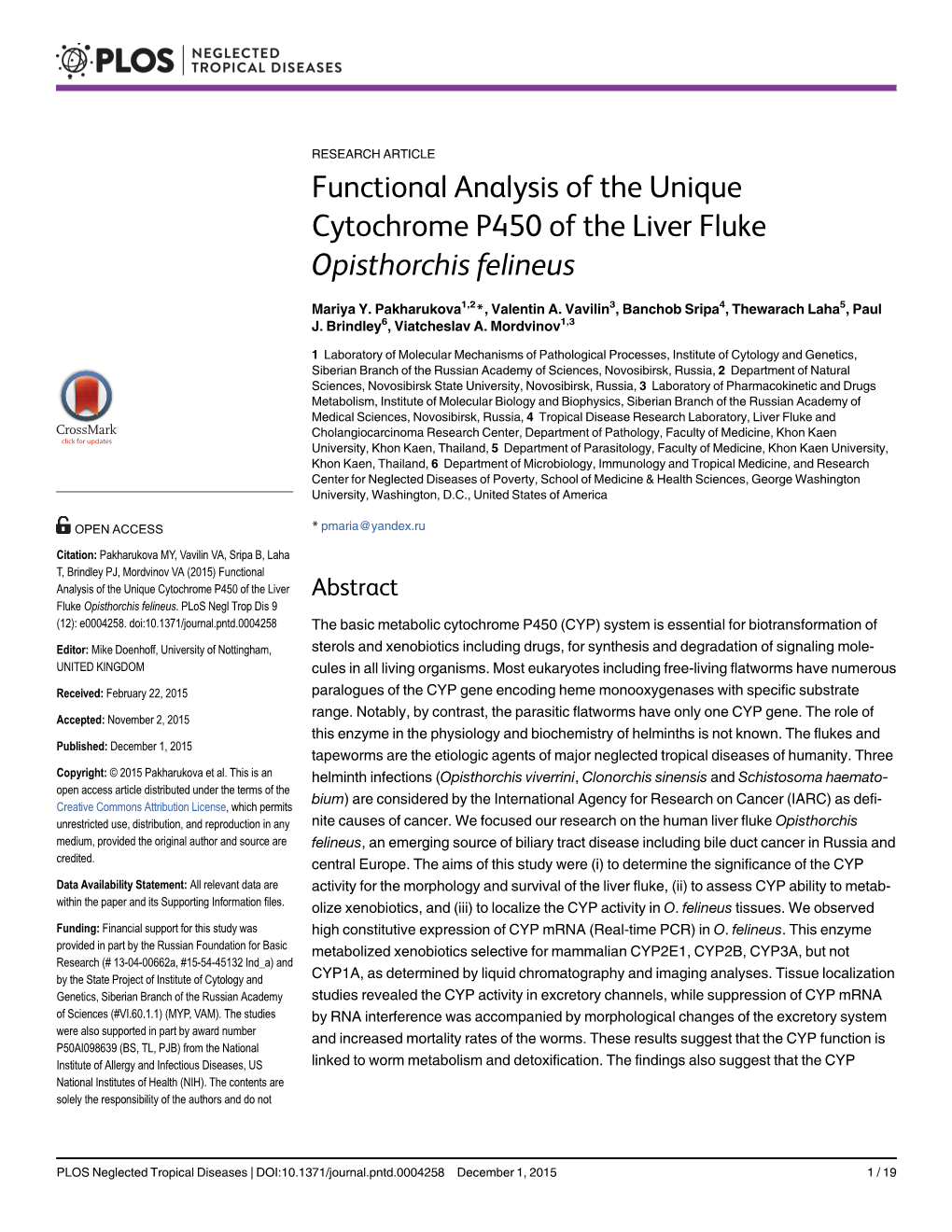 Functional Analysis of the Unique Cytochrome P450 of the Liver Fluke Opisthorchis Felineus