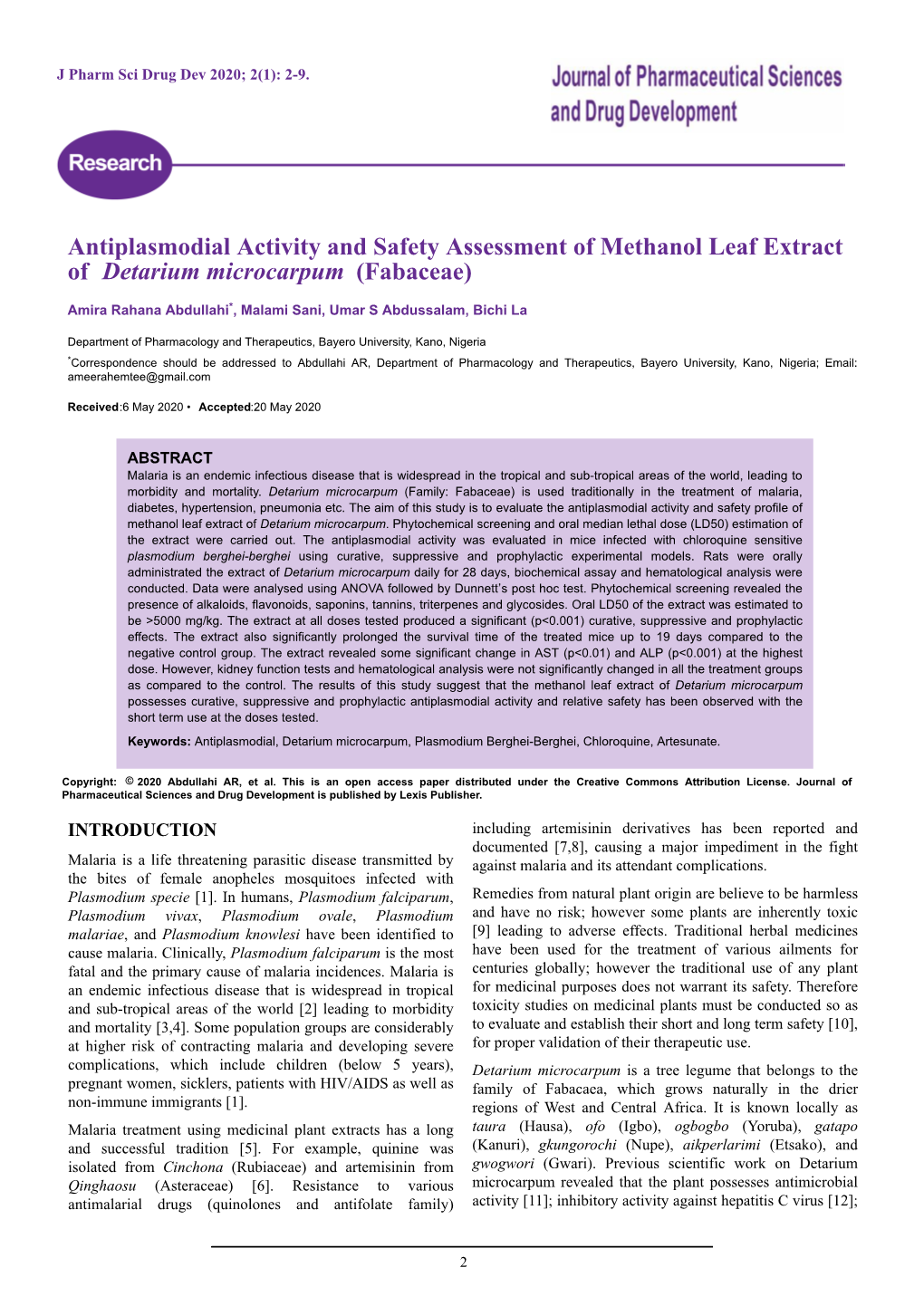 Antiplasmodial Activity and Safety Assessment of Methanol Leaf Extract of Detarium Microcarpum (Fabaceae)