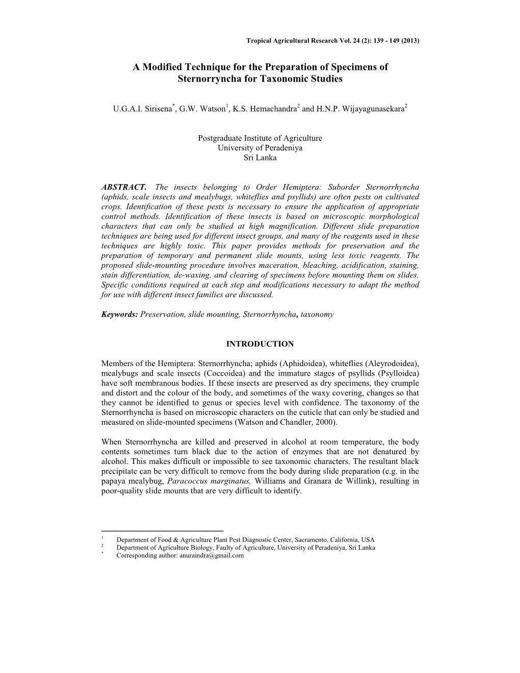 A Modified Technique for the Preparation of Specimens of Sternorryncha for Taxonomic Studies