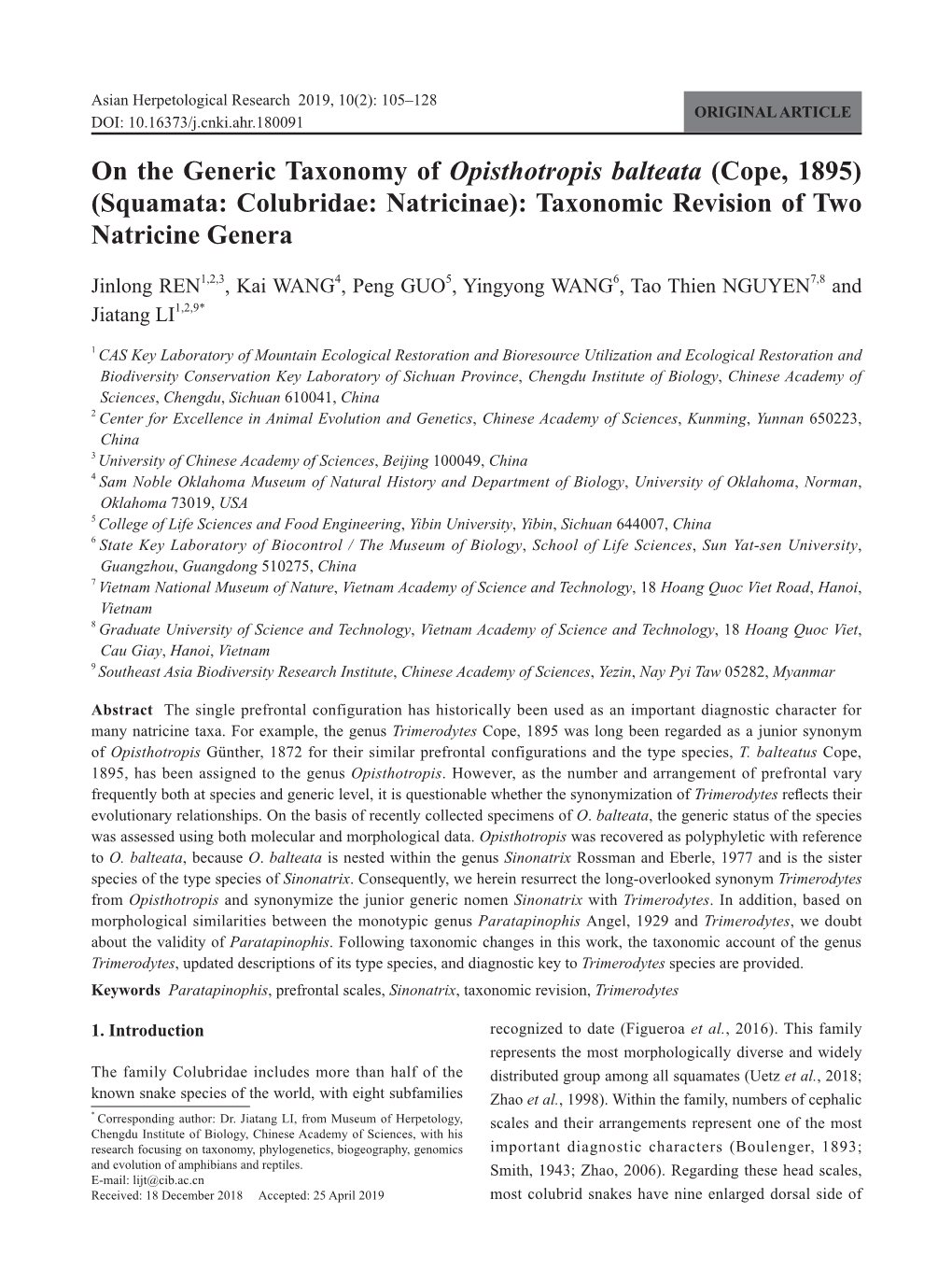 On the Generic Taxonomy of Opisthotropis Balteata (Cope, 1895) (Squamata: Colubridae: Natricinae): Taxonomic Revision of Two Natricine Genera