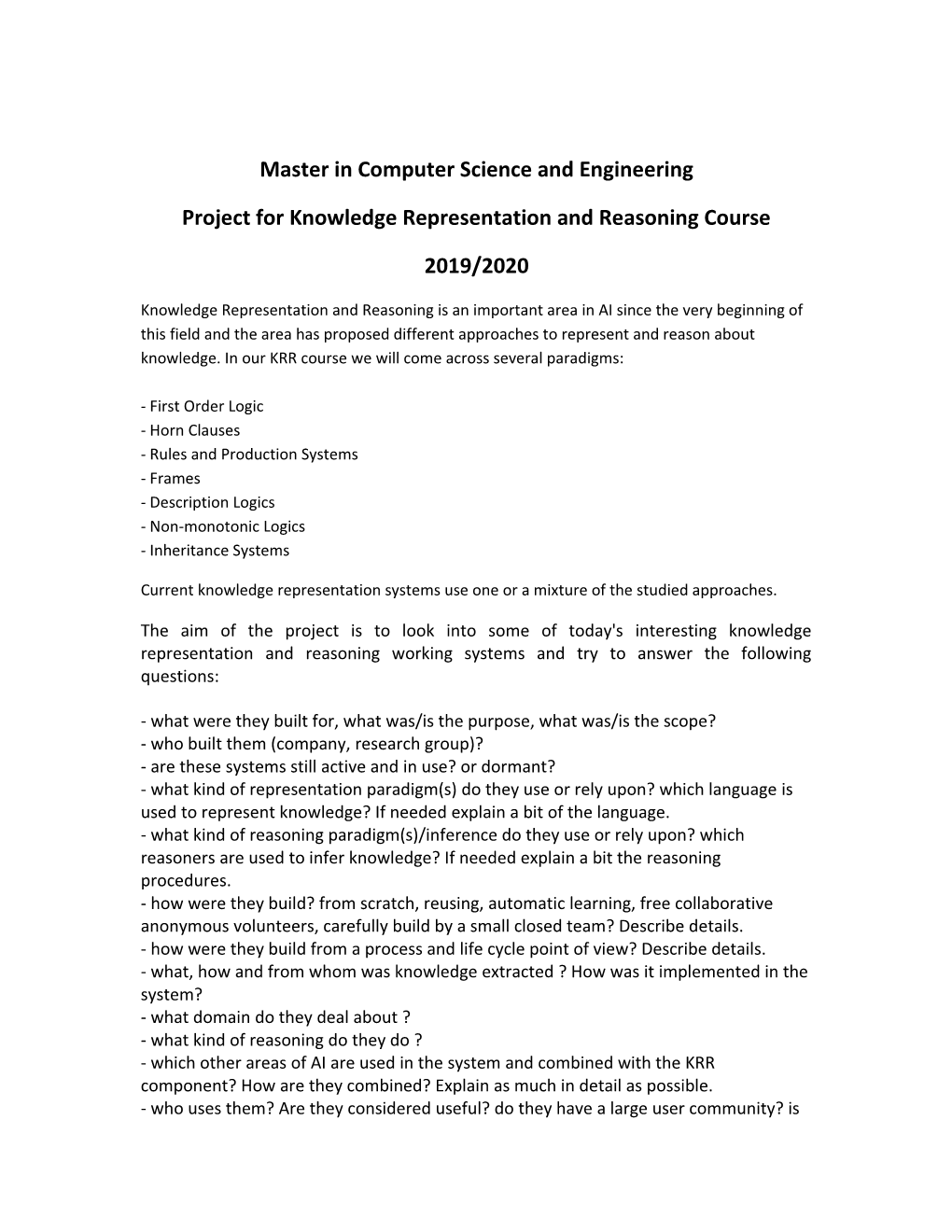 Master in Computer Science and Engineering Project for Knowledge