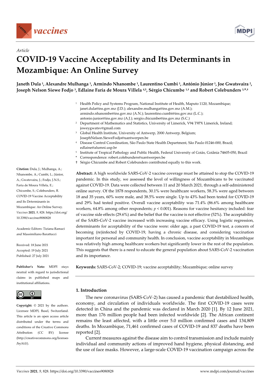 COVID-19 Vaccine Acceptability and Its Determinants in Mozambique: an Online Survey