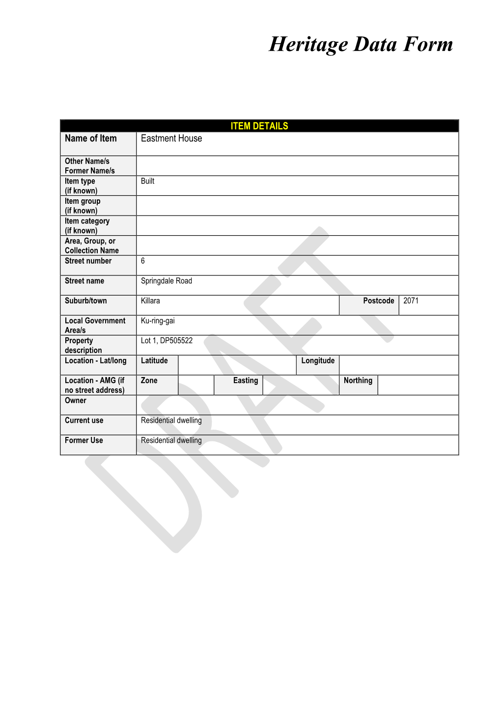 Heritage Data Form