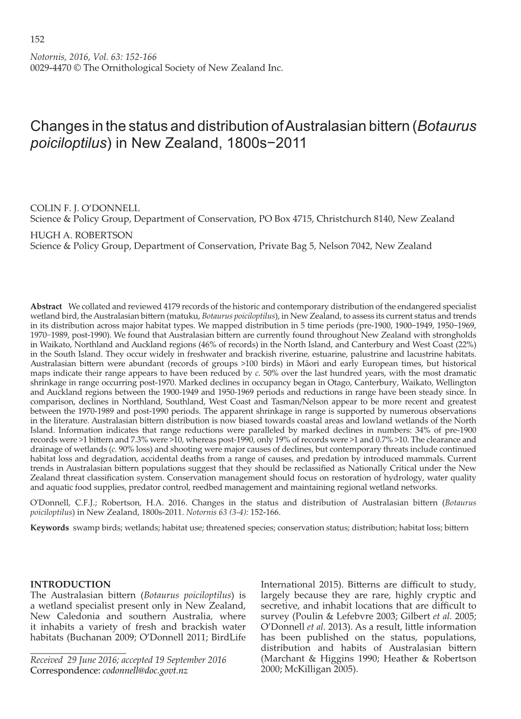 Changes in the Status and Distribution of Australasian Bittern (Botaurus Poiciloptilus) in New Zealand, 1800S−2011