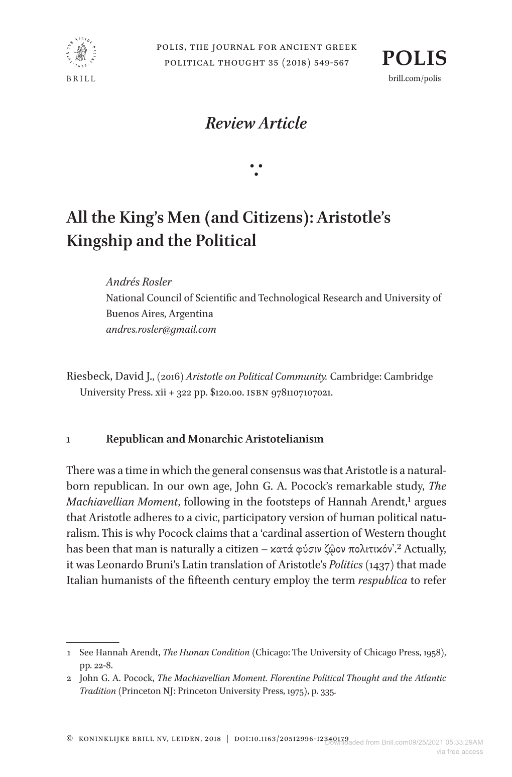 Aristotle's Kingship and the Political