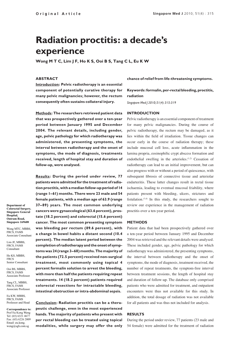 Radiation Proctitis: a Decade's Experience