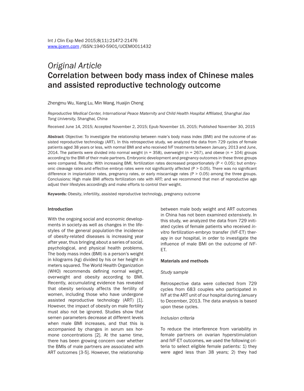 Original Article Correlation Between Body Mass Index of Chinese Males and Assisted Reproductive Technology Outcome