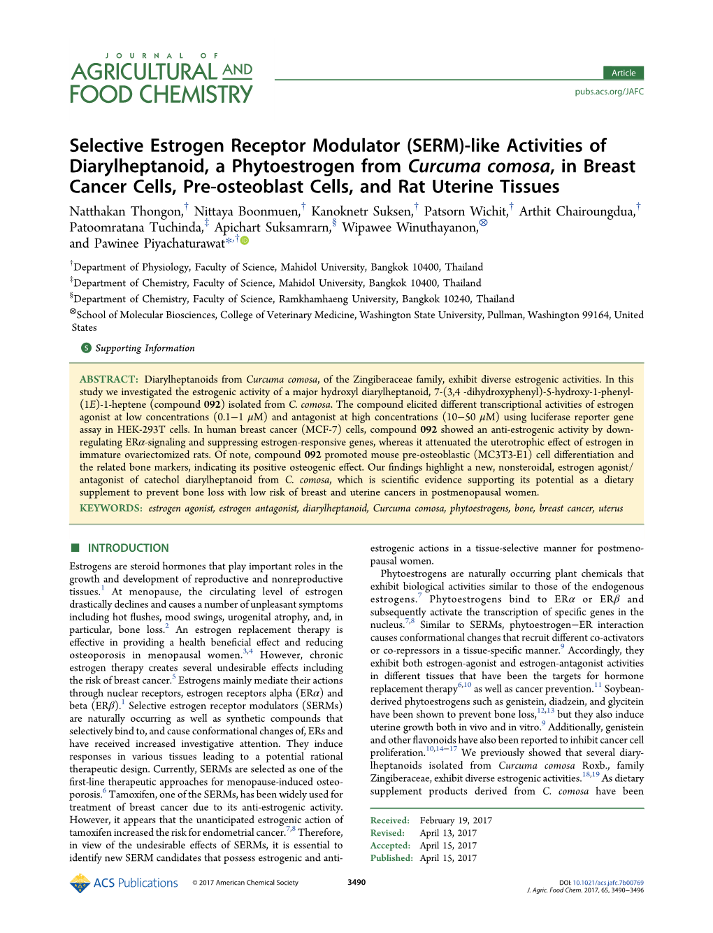 Selective Estrogen Receptor Modulator (SERM)-Like Activities of Diarylheptanoid, a Phytoestrogen from Curcuma Comosa, in Breast