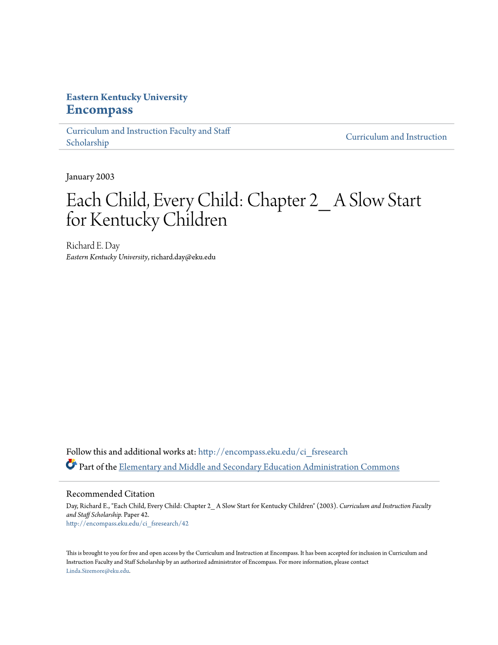 Chapter 2 a Slow Start for Kentucky Children Richard E