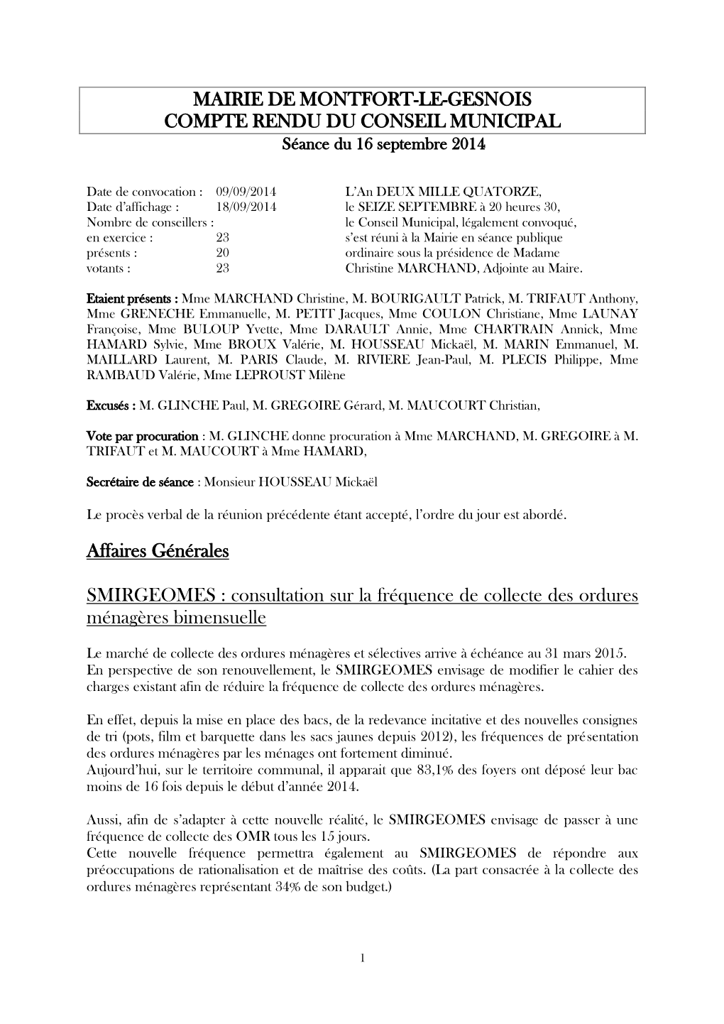 Compte Rendu Conseil Municipal Du 6 Septembre