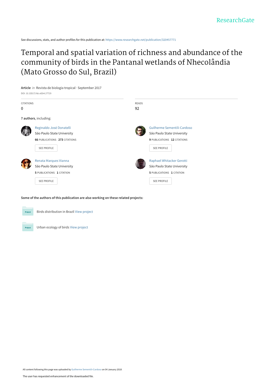 Temporal and Spatial Variation of Richness and Abundance of the Community of Birds in the Pantanal Wetlands of Nhecolândia (Mato Grosso Do Sul, Brazil)