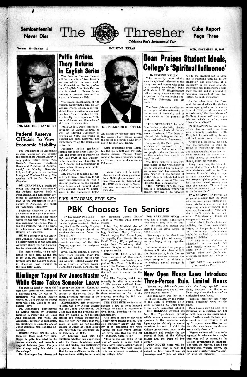 Thresher Page Three Celebrating Rice's Semicentennial Year