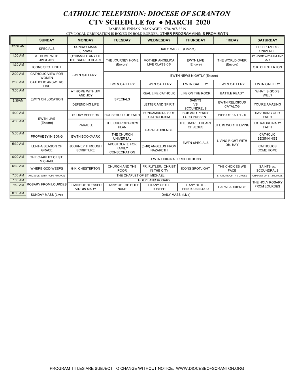 DIOCESE of SCRANTON CTV SCHEDULE for MARCH 2020