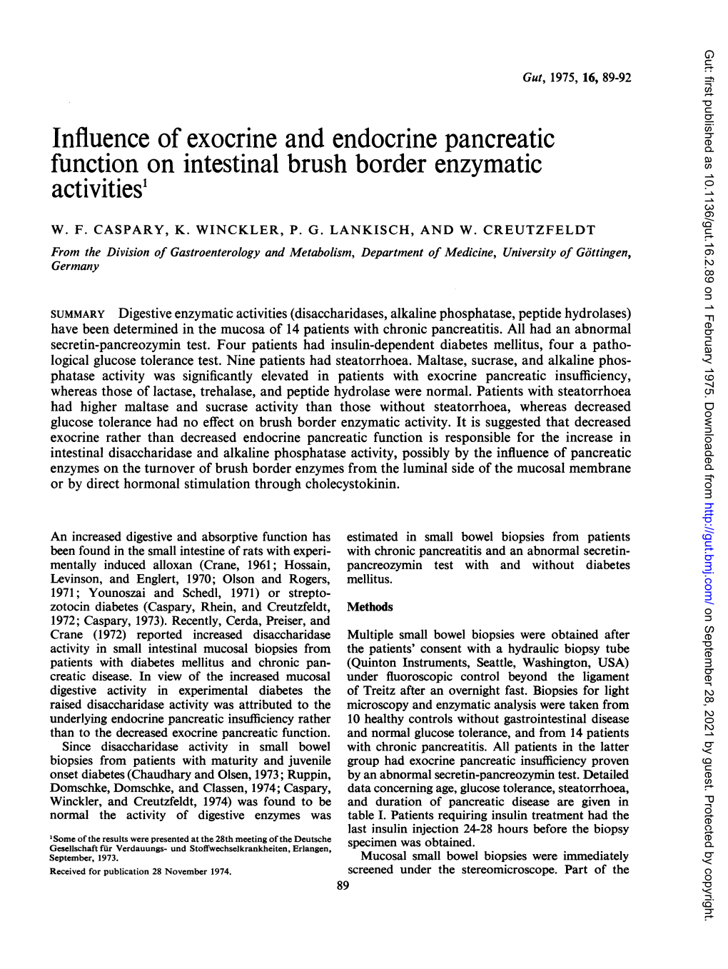 Influence of Exocrine and Endocrine Pancreatic Function on Intestinal Brush Border Enzymatic Activities1