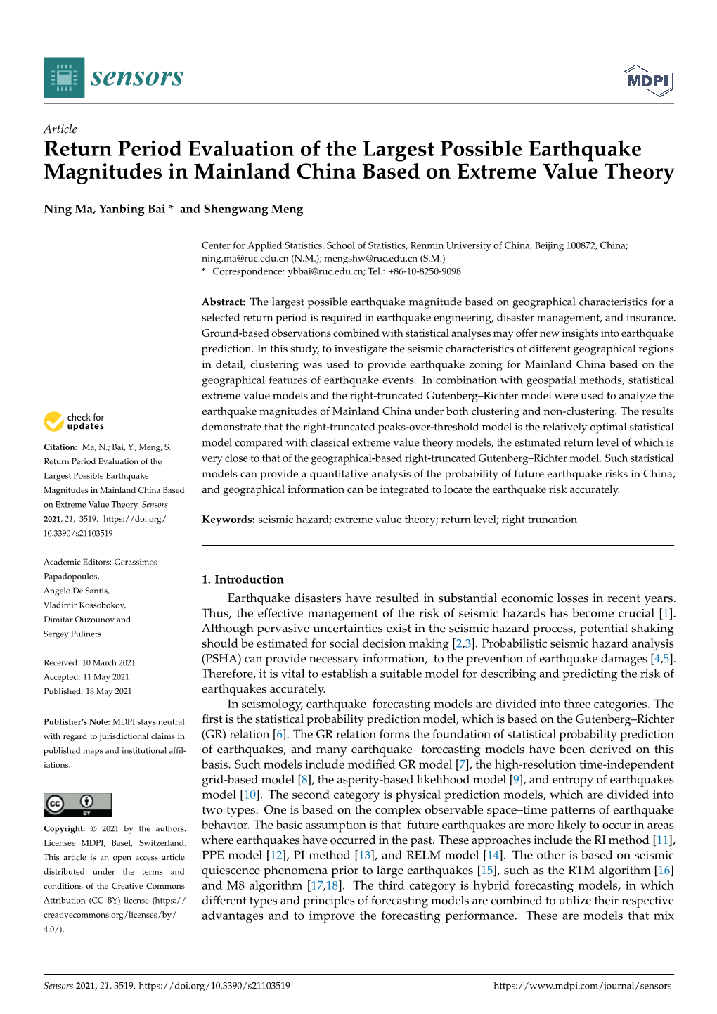 Return Period Evaluation of the Largest Possible Earthquake Magnitudes in Mainland China Based on Extreme Value Theory