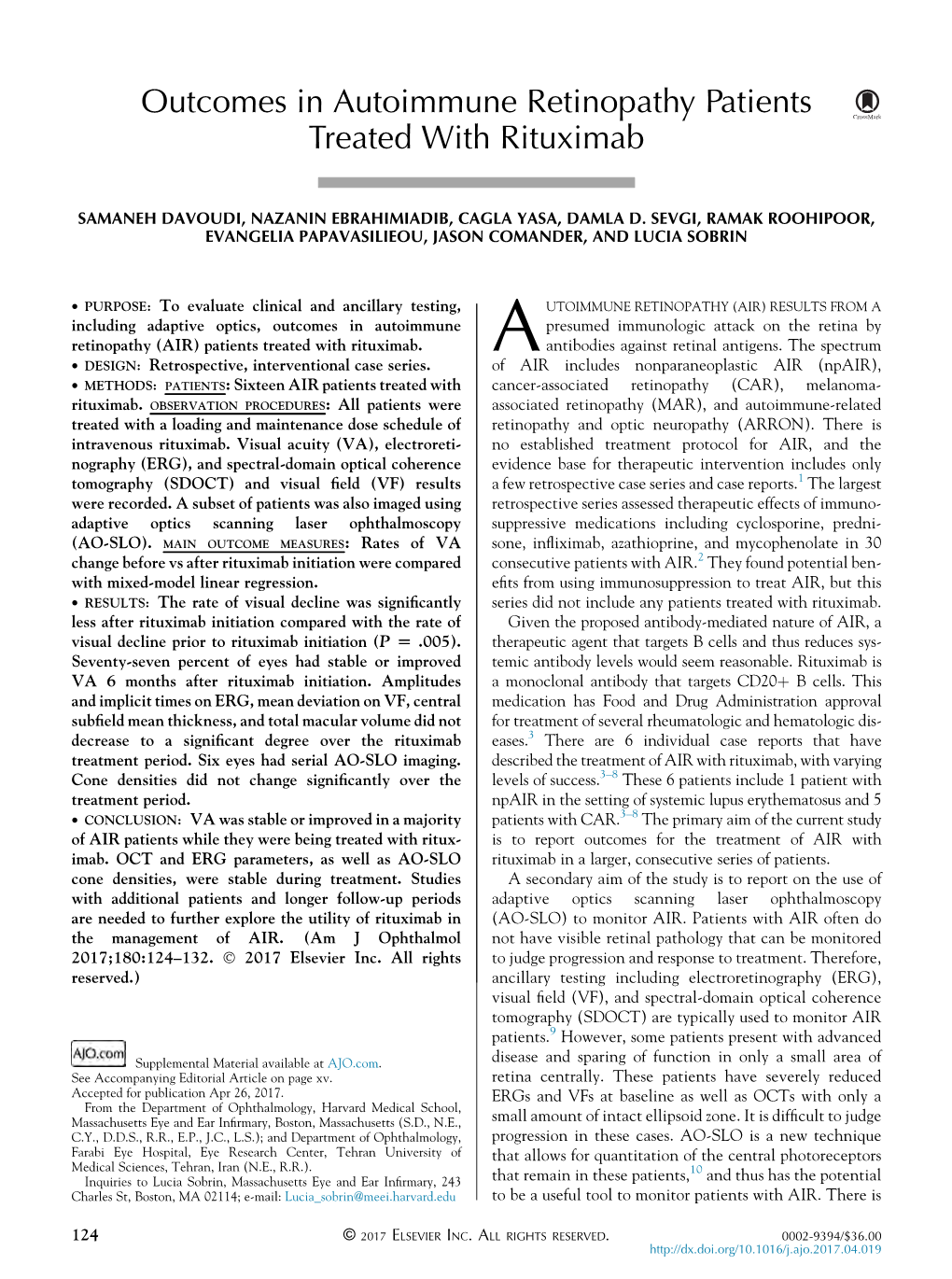 Outcomes in Autoimmune Retinopathy Patients Treated with Rituximab