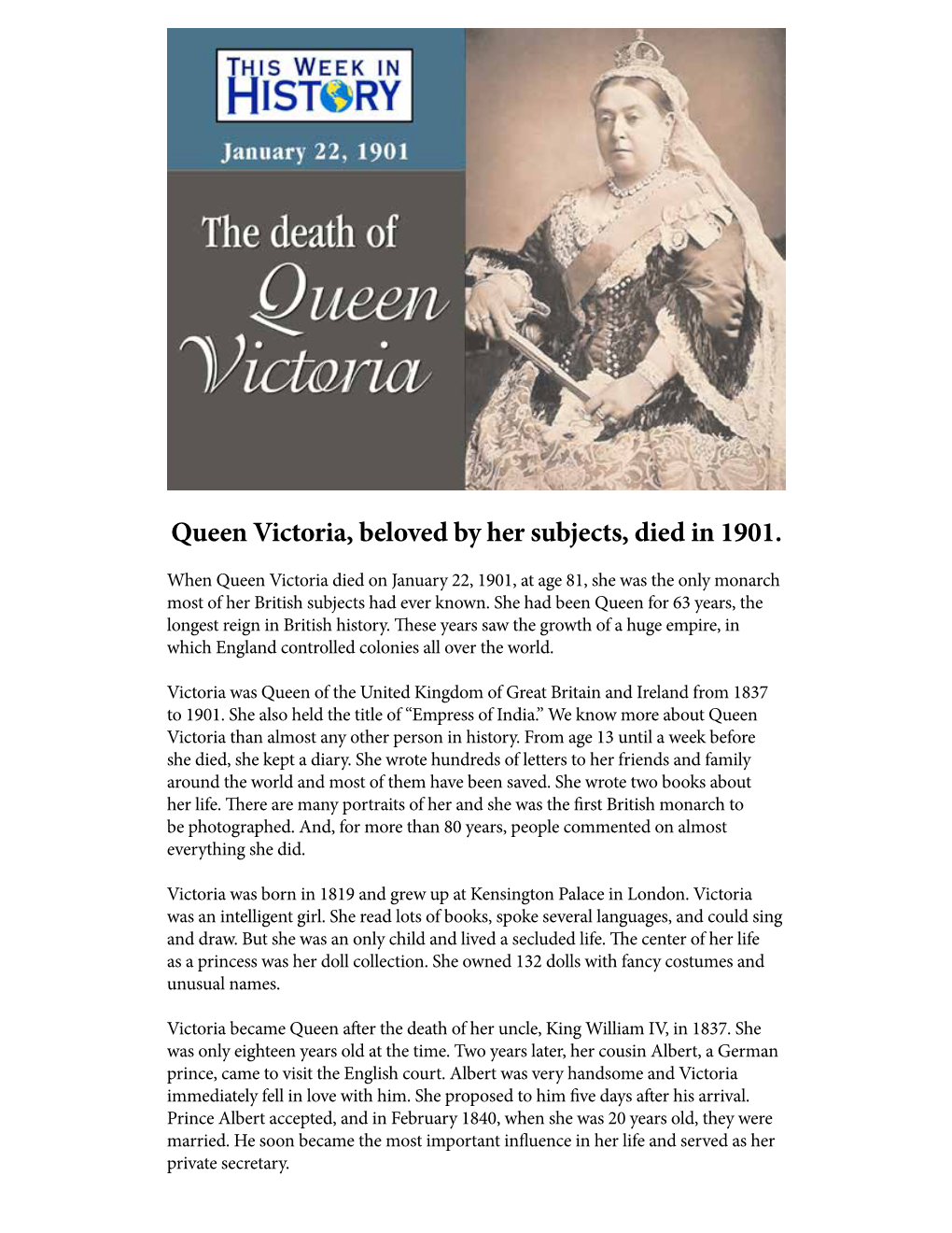 Queen Victoria, Beloved by Her Subjects, Died in 1901