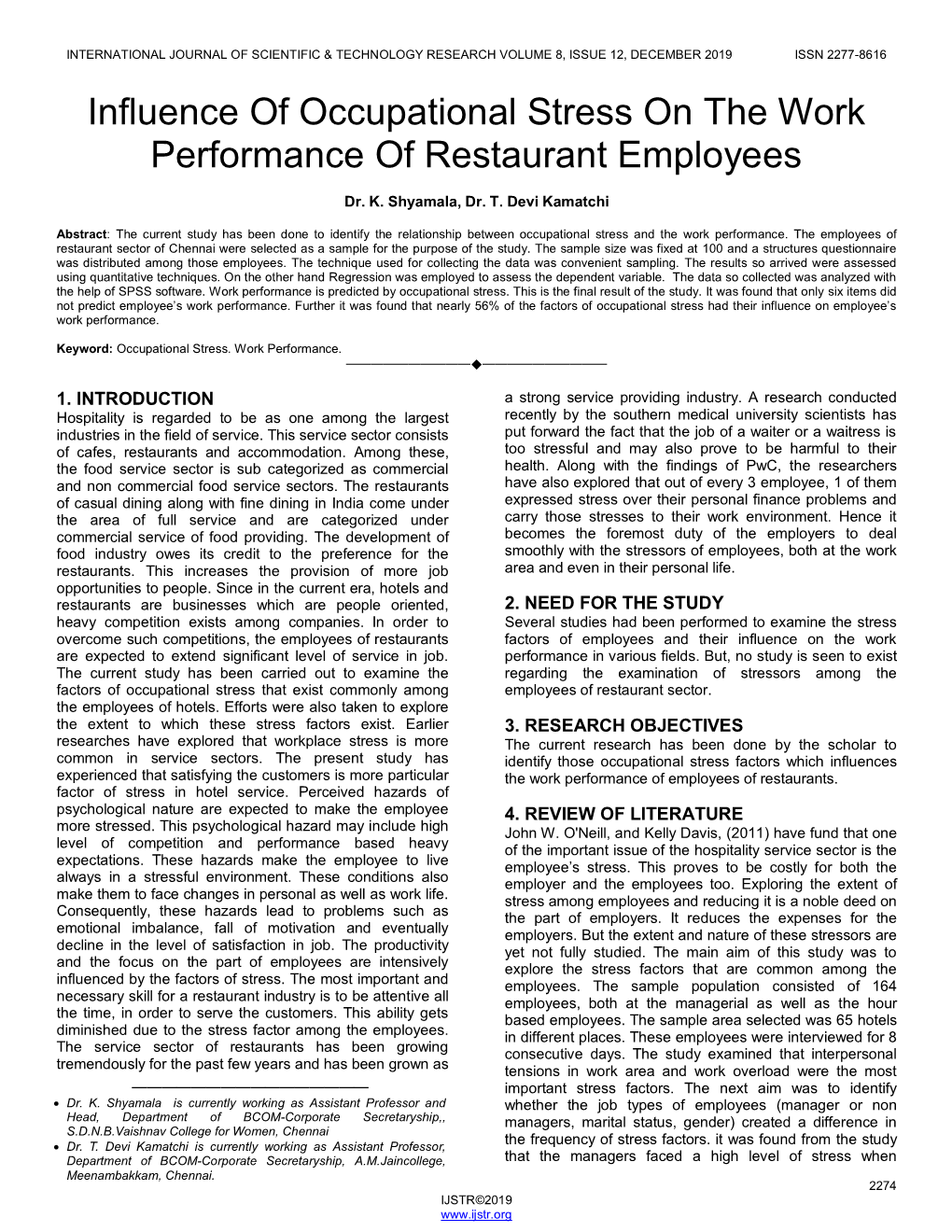 Influence of Occupational Stress on the Work Performance of Restaurant Employees