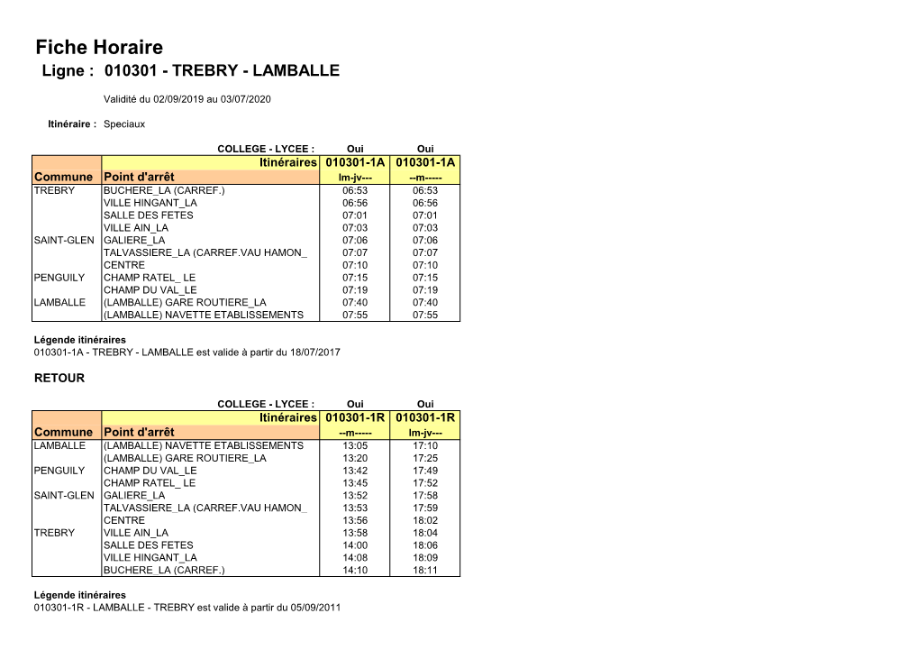 Fiche Horaire Ligne : 010301 - TREBRY - LAMBALLE