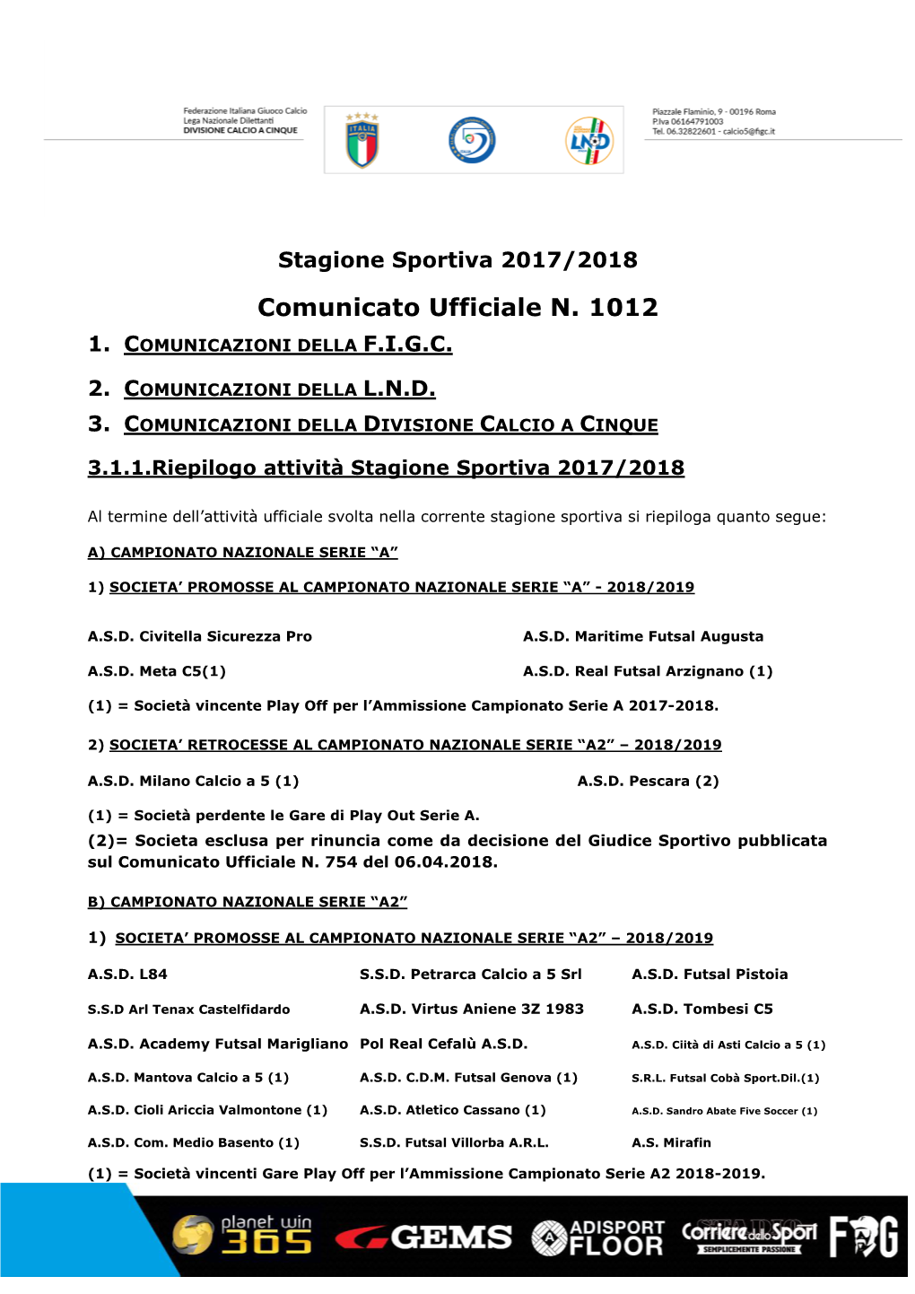 Comunicato Ufficiale N. 1012